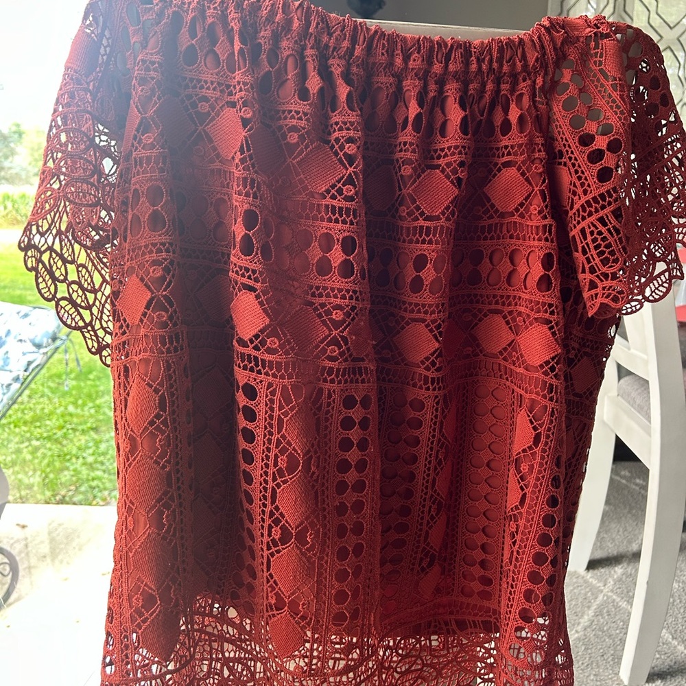Elegant Burnt Orange Lace Off-Shoulder Top